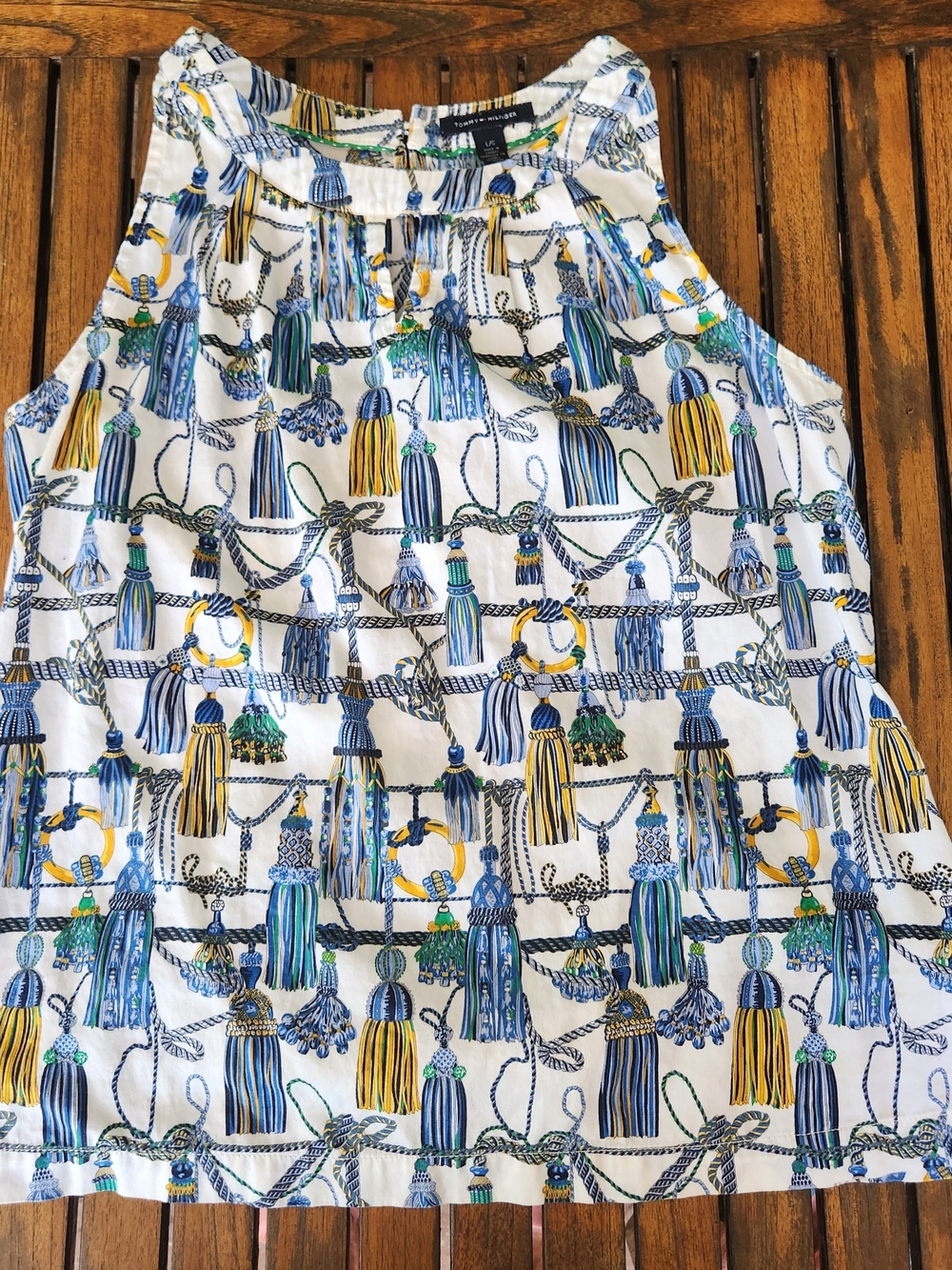 Women's Tommy Hilfiger Sleeveless High Neck Halter Size Large Tassel Rope Print